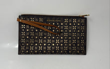 Load image into Gallery viewer, Michael Kors Womens Brown Flora Perforated Credit Card Wristlet Purse