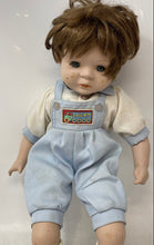 Load image into Gallery viewer, Vintage Brown Hair Blue Eyes Collectible Porcelain Baby Doll In White Blue Dress