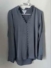 Load image into Gallery viewer, Express Portofino Womens Gray Ruffle V-Neck Slim Button Front Blouse Top Size M
