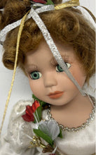 Load image into Gallery viewer, Blonde Curly Hair Green Eyes Porcelain Doll In Removable White Maxi Dress