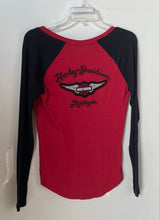 Load image into Gallery viewer, Harley-Davidson Womens Red Black Embroidered Henley Neck T-Shirt Size Small