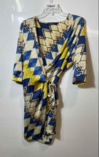 Load image into Gallery viewer, Rinascimento Womens Blue And Yellow Geometric Print Wrap Dress Size Medium