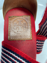 Load image into Gallery viewer, Authentic Tory Burch Womens Red Beige Wedge Espadrille Sandals Size 7B Damaged