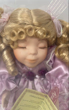 Load image into Gallery viewer, Gift Gallery Animated Wind Up Musical Purple Dress Curly Hair Porcelain Doll