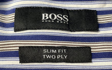 Load image into Gallery viewer, Hugo Boss Mens Blue Striped Slim Fit Two Ply Long Sleeve Dress Shirt Size 16