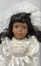 Load image into Gallery viewer, Vintage Collectible Black Curly Hair Brown Eyes Porcelain Doll In Wedding Dress