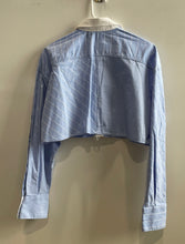 Load image into Gallery viewer, Zara Womens White Blue Striped Long Sleeve Cropped Button-Up Shirt Size XS