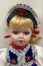 Load image into Gallery viewer, Blonde Hair Decorative Porcelain Doll With Blue White Traditional Outfit