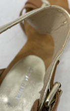 Load image into Gallery viewer, Nine West Womens Nosashay Gold Brown Leather Cone Strappy Heels Size 9.5M