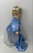 Load image into Gallery viewer, Blue Dress Blonde Hair White Floral Headband Open Eyes Fashion Porcelain Doll