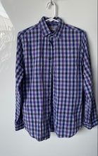Load image into Gallery viewer, Express Mens Purple Blue Plaid Long Sleeve Fitted Dress Shirt Size Small 14-14.5