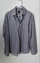 Load image into Gallery viewer, Hugo Boss Mens Gray White Striped Long Sleeve Collared Button-Up Shirt Size M