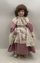 Load image into Gallery viewer, Brown Curly Hair Victorian Style Porcelain Doll In Pink White Maxi Dress