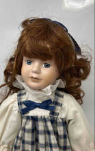 Load image into Gallery viewer, Vintage Geppeddo Collectible Porcelain Doll In Stand With Plaid Dress Outfit