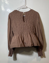 Load image into Gallery viewer, A New Day Womens Brown Puff Sleeve Crew Neck Smocked Peplum Blouse Top Size L