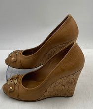 Load image into Gallery viewer, Authentic Tory Burch Womens Brown Leather Peep Toe Wedge Platform Heels Sz 7.5M