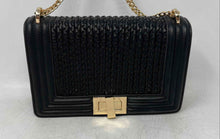 Load image into Gallery viewer, Madison West Womens Black Gold Faux Leather Chain Strap Braided Crossbody Purse