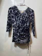Load image into Gallery viewer, Michael Kors Womens Gray Black Leopard Print 3/4 Sleeve Ruched Blouse Top Size S