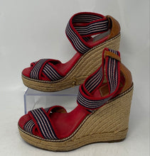 Load image into Gallery viewer, Authentic Tory Burch Womens Adonis Red Blue Beige Wedge Espadrille Sandals Sz 7B