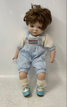 Load image into Gallery viewer, Vintage Brown Hair Blue Eyes Collectible Porcelain Baby Doll In White Blue Dress