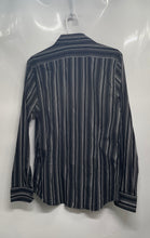 Load image into Gallery viewer, Express Mens Black Gray Striped Long Sleeve Fitted Stretch Dress Shirt Size M