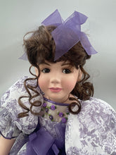 Load image into Gallery viewer, Curly Hair Brown Eyes Girl Porcelain Doll In Removable Purple White Maxi Dress