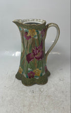 Load image into Gallery viewer, Vintage Green Floral Scalloped Edge Hand Painted Ceramic Collectible Pitcher Jar