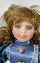 Load image into Gallery viewer, Collectible Blue Dress Curly Hair Green Eyes Porcelain Doll With Box