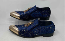 Load image into Gallery viewer, Parrazo Designer Mens Ronaldinho Navy Blue Golden Loafer Dress Shoes Size 10.5