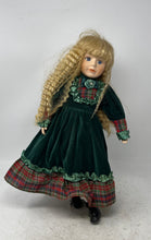 Load image into Gallery viewer, Vintage Collectible Porcelain Blonde Hair Blue Eyes Green Velvet Dress Girl Doll