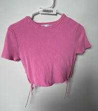 Load image into Gallery viewer, Zara Womens Pink Ribbed Short Sleeve Crew Neck Side Ties Cropped Blouse Top Sz M