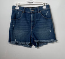 Load image into Gallery viewer, Express Womens Blue Jean Super High Rise Pockets Raw Hem Mom Shorts Size 6
