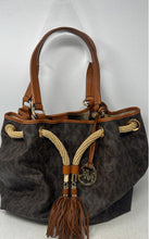 Load image into Gallery viewer, Michael Kors Womens Brown Monogram Leather Trim Tassel Bucket & Drawstring Bag
