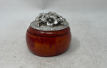 Load image into Gallery viewer, Vintage Brown Wooden Round Trinket Box With A Floral Engraved Metal Lid