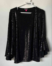 Load image into Gallery viewer, Vince Camuto Womens Black Sequin Long Bell Sleeve Pullover Blouse Top Size M
