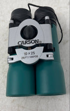 Load image into Gallery viewer, Carson Green Silver 10X25 Center Focus Bridge Compact Binoculars In Black Case