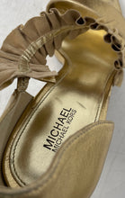 Load image into Gallery viewer, Michael Kors Womens Gold Leather Open Toe High Stiletto Slip-On Heels Size 9M