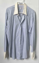 Load image into Gallery viewer, Perry Ellis Portfolio Mens Blue White Striped French Cuff Dress Shirt Size 16.5