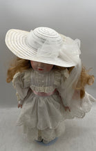 Load image into Gallery viewer, Victorian Porcelain Collectible Doll With White Dress & Hat In Display Case
