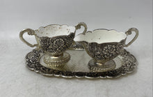 Load image into Gallery viewer, Vintage Lot Of 3 Silver-Tone And White Enamel Sugar Bowl Creamer w/ Serving Tray