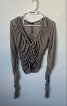 Load image into Gallery viewer, Zara Womens Gray Long Sleeve Regular Fit Ruched Button Front Cropped Top Size M