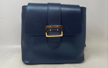 Load image into Gallery viewer, Le Poyel Womens Blue Leather Adjustable Strap Bottom Studs Flap Backpack