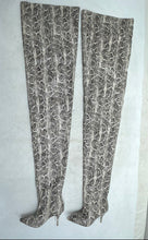 Load image into Gallery viewer, Azalea Wang Womens Gray White Striking Snakeskin Print Thigh-High Boots Size 7