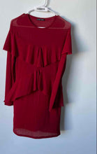 Load image into Gallery viewer, Zara Womens Red Wine Ruffle Long Sleeve Crew Neck Pullover Shift Dress Size S