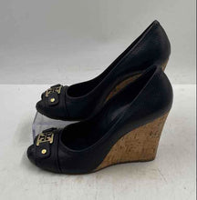 Load image into Gallery viewer, Authentic Tory Burch Womens Black Leather Peep Toe Wedge Pump Heels Size 7.5 M