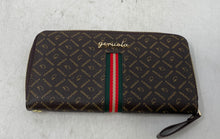 Load image into Gallery viewer, Geruola Womens Brown Monogram Print Stripe Leather Credit Card Zip-Around Wallet