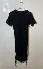 Load image into Gallery viewer, Zara Womens Black Ribbed Short Sleeve Side Ruched Drawstring Mini Dress Size L
