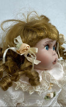 Load image into Gallery viewer, Collectible Surprised Blue Eyes Blonde Curly Hair Porcelain Doll In Lace Dress