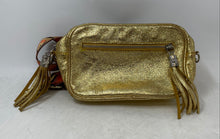 Load image into Gallery viewer, Vera Pelle Womens Golden Leather Tassel Adjustable Strap Zipper Crossbody Bag
