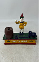Load image into Gallery viewer, Vintage Cast Iron Trick Dog Circus Clown Barrel Figure Mechanical Coin Bank